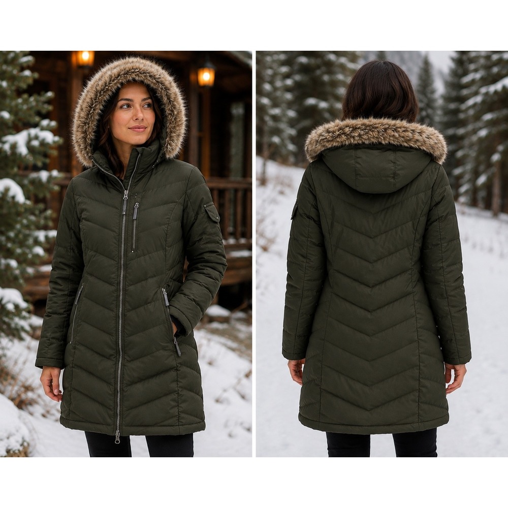 Eddie Bauer Crystal Ridge Down Parka Women M Olive Green Faux Fur Hood Puffer